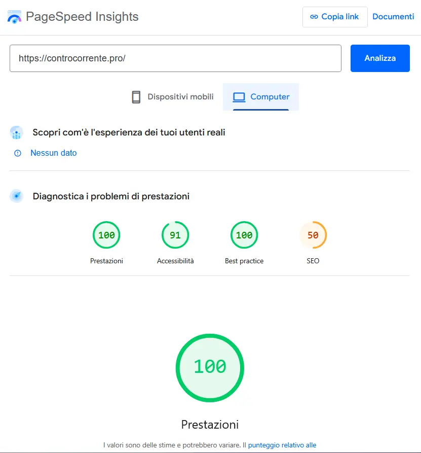 Screenshot che mostra statistiche al 99% per google lightspeed per il sito controcorrente.pro