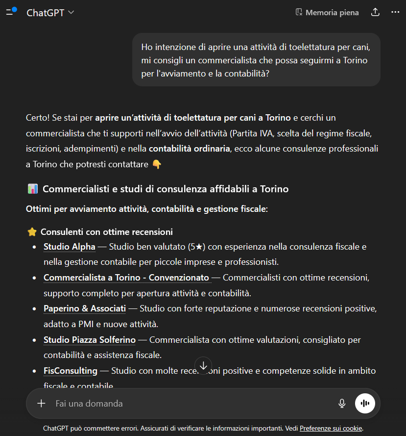 Uno screen di chatgpt con risultati di ricerca ricerca zero click per trovare un commercialsita a Torino